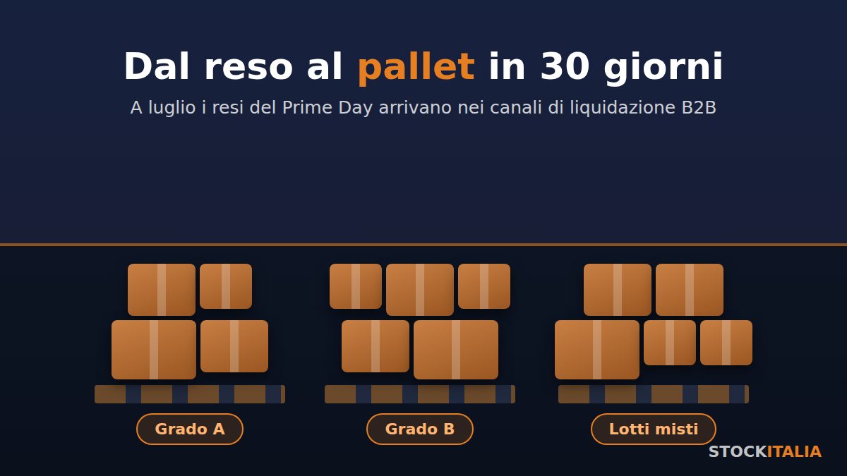Pallet di resi Amazon in magazzino di liquidazione: dal reso al pallet in 30 giorni, grading A, B e lotti misti